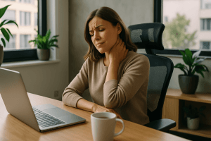 Pessoa sentada em uma cadeira ergonômica segurando o pescoço com expressão de desconforto em escritório moderno.