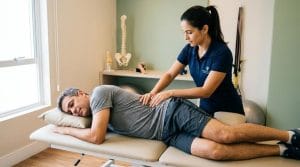 Fisioterapeuta aplicando terapia manual ou alongamento de perna em paciente deitado em maca numa clínica moderna e bem iluminada.