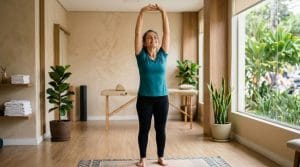 Mulher de meia-idade realizando alongamento suave da coluna com braços para cima em clínica de fisioterapia moderna, com expressão de alívio e serenidade.